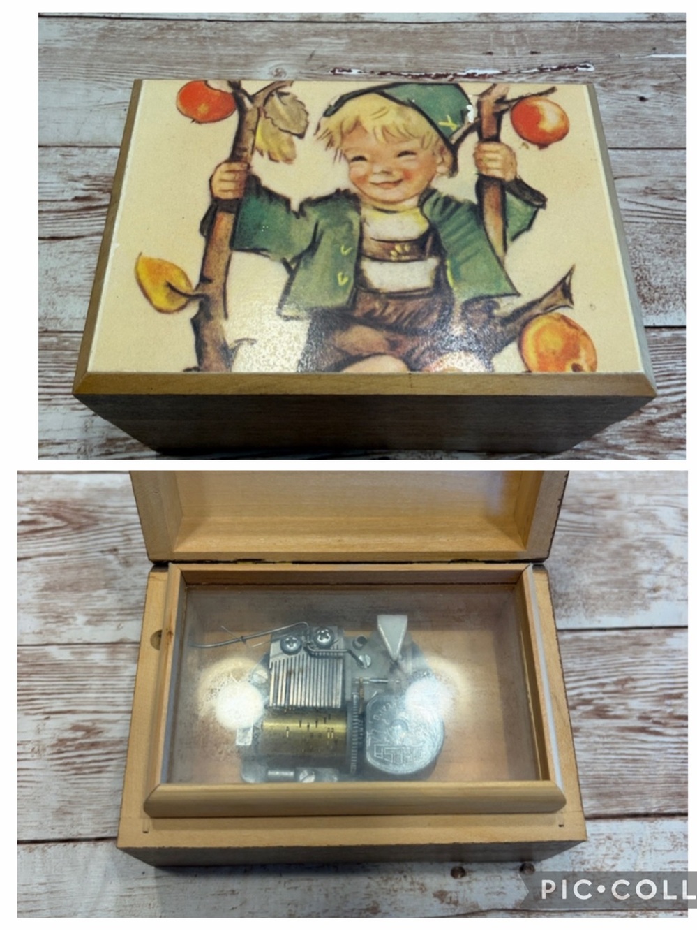 Vintage Music Box Child Illustration Decorative Wooden Box - Green & Cream